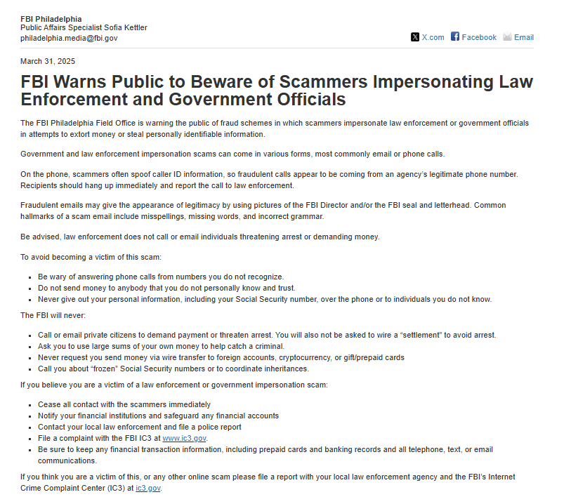 FBI Warning on Government Impersonation Scams.Source: FBI Philadelphia Field Office – March 2025 Notice