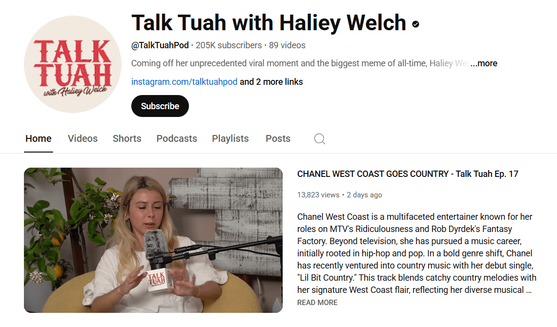 Talk Tuah Podcast YouTube Channel. Source: YouTube @TalkTuahPod