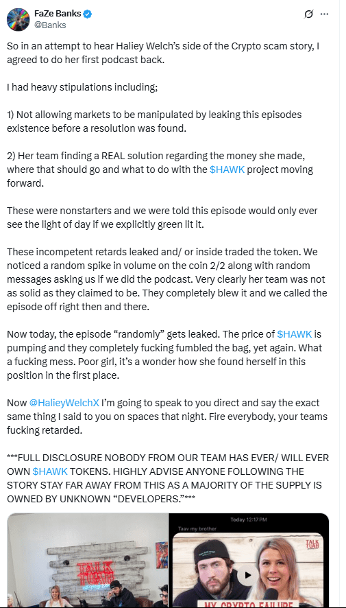 FaZe Banks Slams $HAWK Token Team. Source: X @Banks