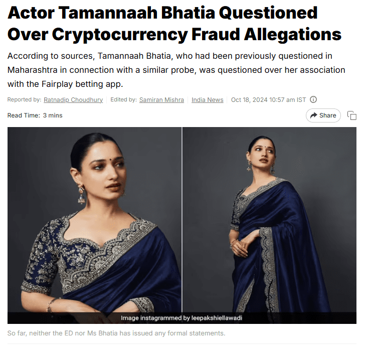 Tamannaah Bhatia Questioned Over Crypto Fraud Case. Source: News18