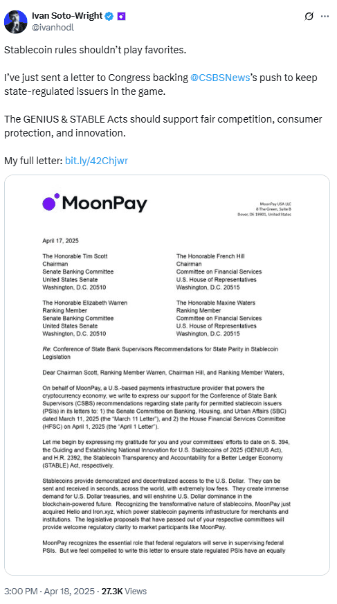 MoonPay CEO Letter to Congress on Stablecoin Regulation. Source: Ivan Soto-Wright on X