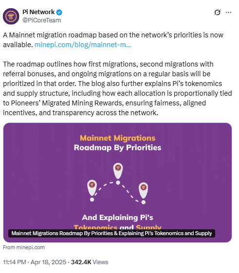 Pi Network Mainnet Migration Tweet. Source: PiCoreTeam on X