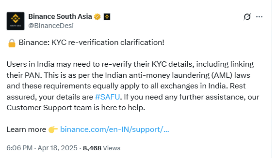 Binance India KYC Re-Verification Notice. Source: Binance South Asia on X