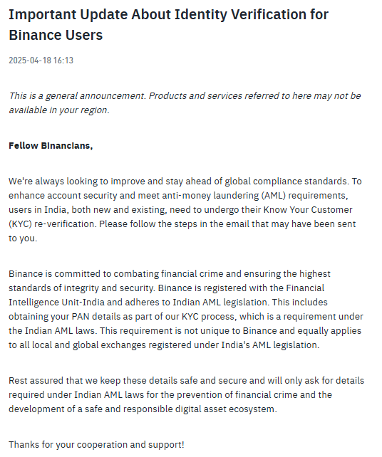 Binance Identity Verification Update India. Source: Binance Official Blog