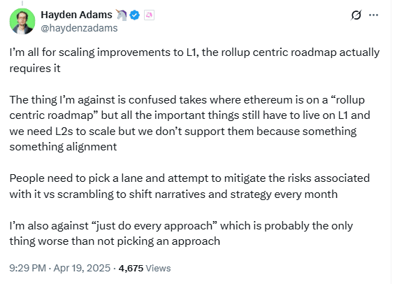 Hayden Adams on Ethereum Scaling. Source: X @haydenzadams