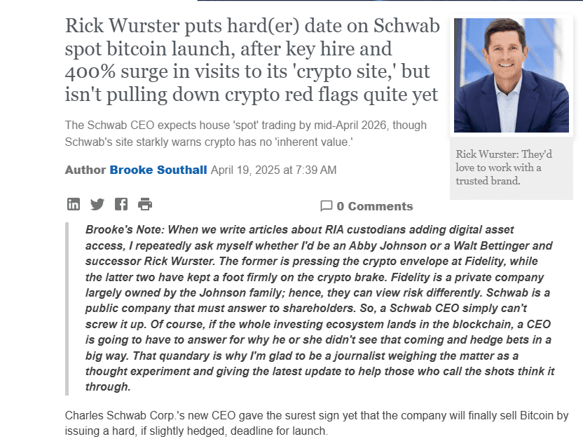 Rick Wurster Sets Mid-2026 Bitcoin Launch. Source: RIABiz