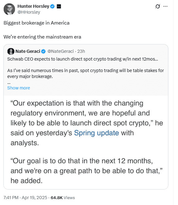 Charles Schwab Spot Crypto Trading Plans Shared by Analysts. Source: X @HHorsley
