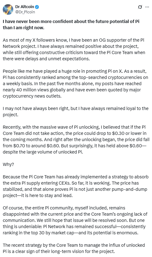 Dr Altcoin Supports Pi Coin Strategy. Source: Dr_Picoin on X