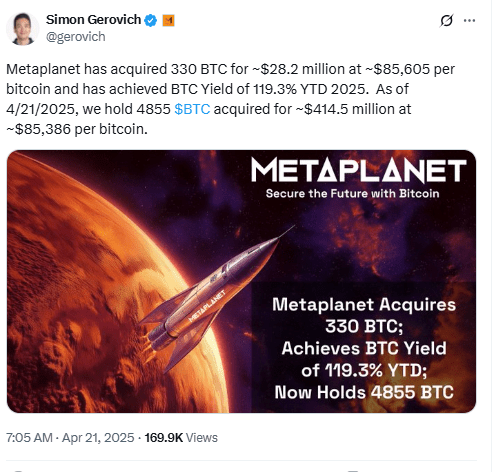 Metaplanet Bitcoin Holdings Reach 4855 BTC. Source: Simon Gerovich