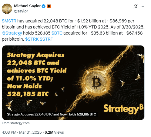 Strategy Bitcoin Holdings Reach 528,185 BTC. Source: Michael Saylor