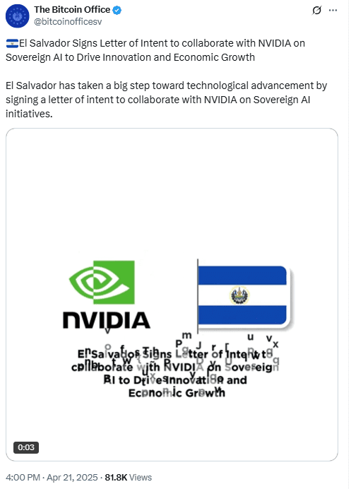 El Salvador Nvidia AI Collaboration. Source: The Bitcoin Office