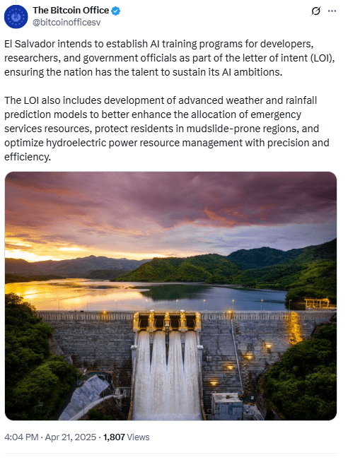 El Salvador AI Weather Model Plan. Source: The Bitcoin Office