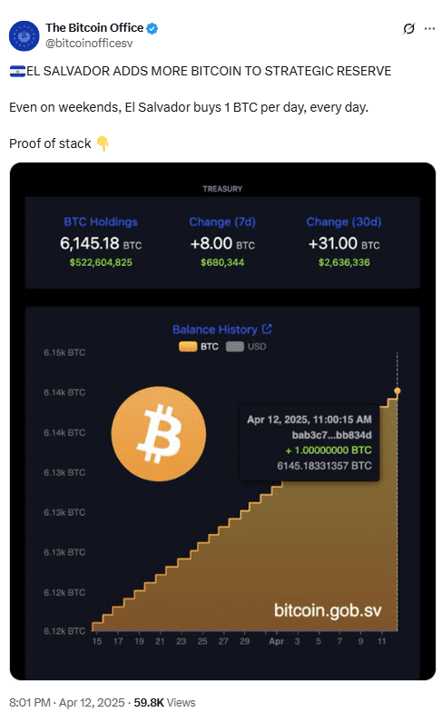El Salvador Bitcoin Daily Purchase Chart. Source: The Bitcoin Office