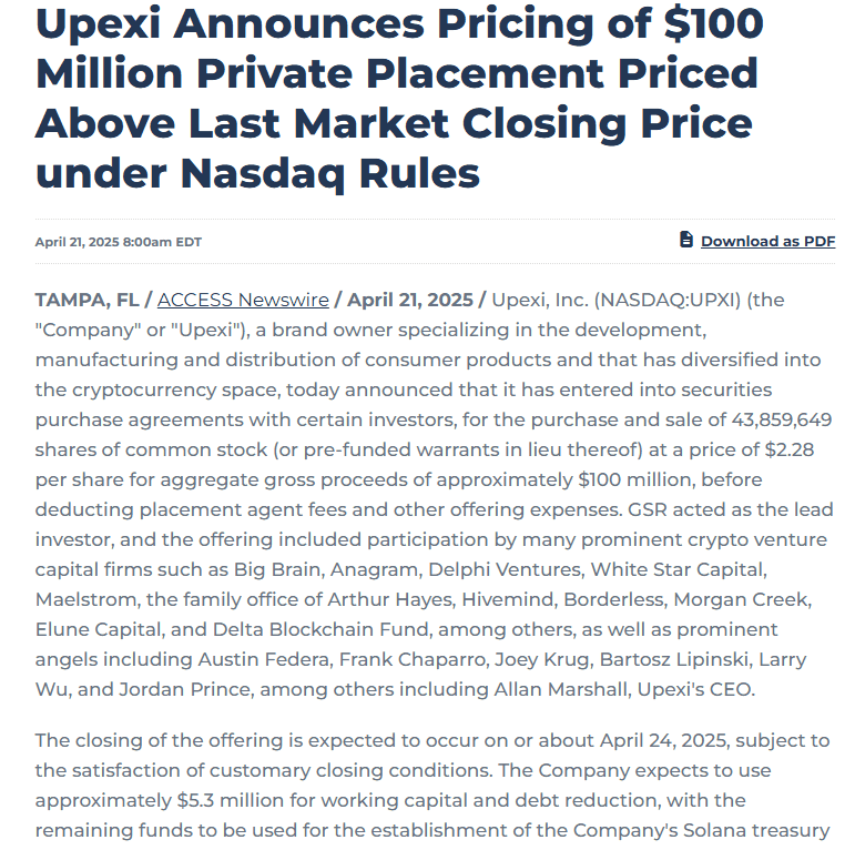 Upexi $100M Private Placement and Solana Treasury Plan. Source: ACCESS Newswire