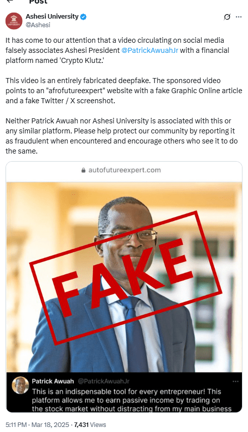 Fake Deepfake Video Targets Ashesi President. Source: Ashesi University