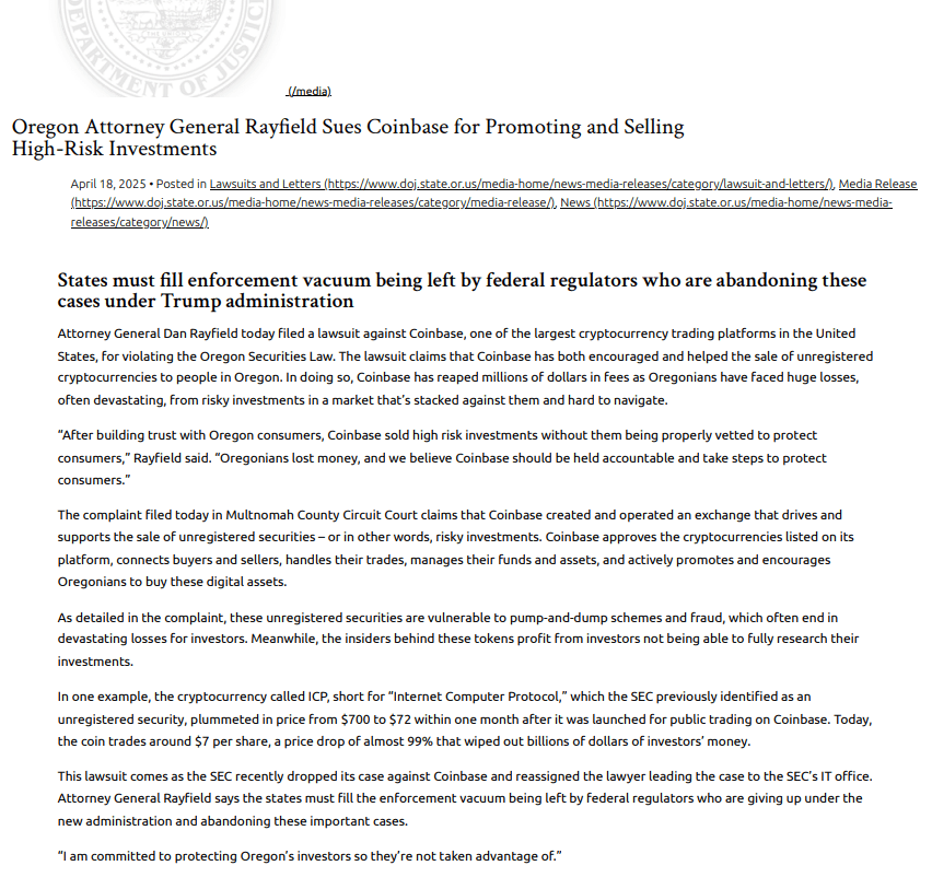 Oregon Sues Coinbase Over Unregistered Securities. Source: Oregon DOJ