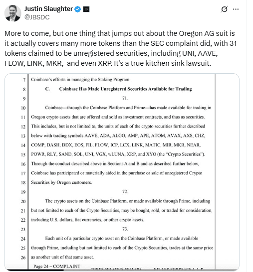 Oregon Lawsuit Targets 31 Tokens as Securities. Source: Justin Slaughter on X