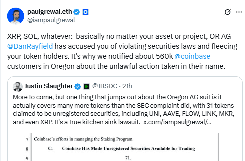 Coinbase Legal Chief Responds to Oregon XRP Case. Source: Paul Grewal on X