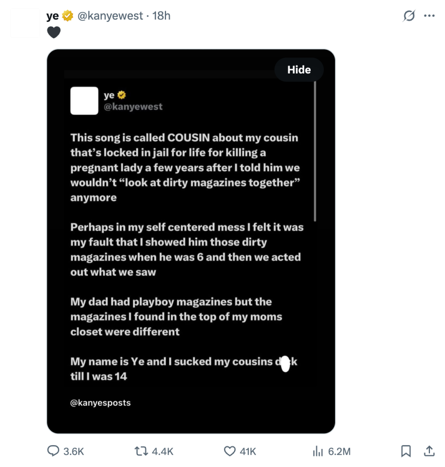 Kanye West Cousin Confession Tweet. Source: @kanyewest on X