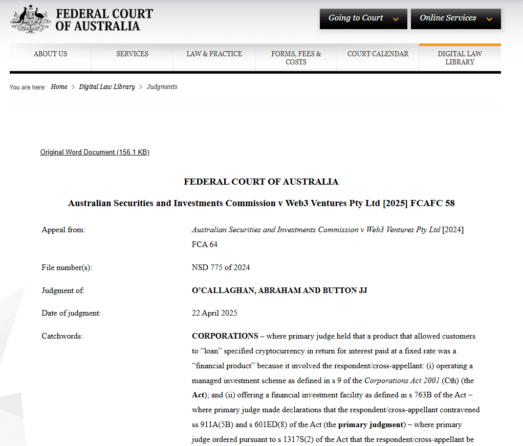 Block Earner Crypto Case Judgment. Source: Federal Court of Australia