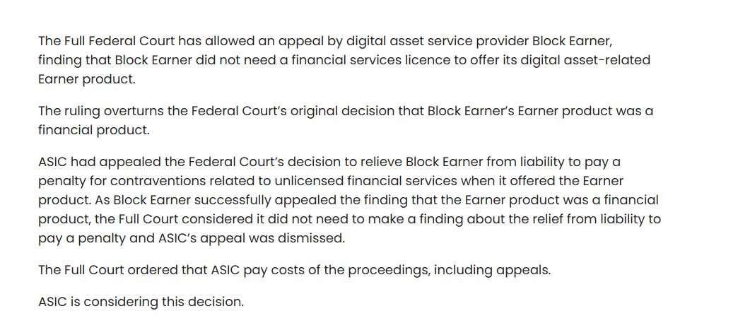 Full Court Clears Block Earner of Licensing Breach. Source: ASIC