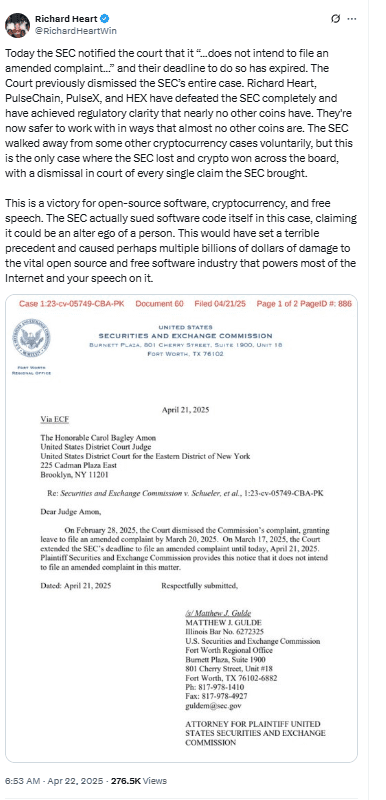 SEC Ends Richard Heart Case. Source: Richard Heart on X