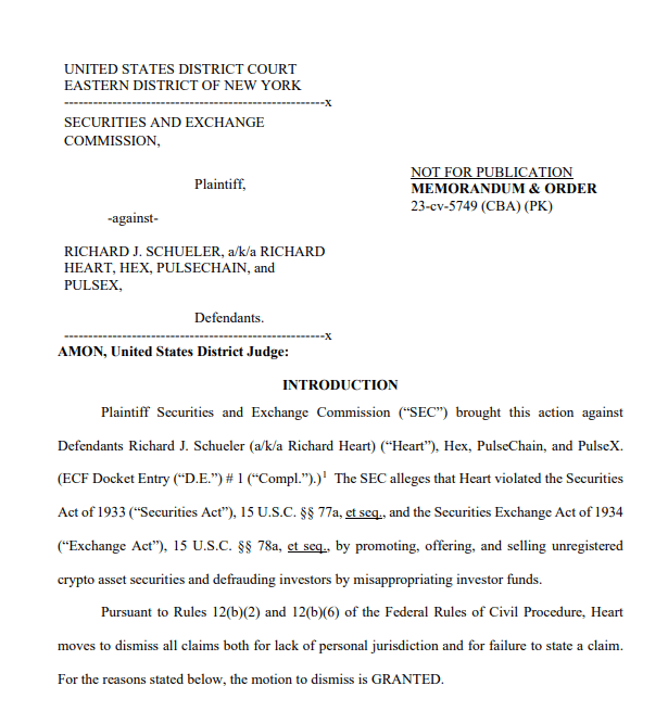 SEC Case Against HEX Founder Dismissed. Source: U.S. District Court, Eastern District of New York