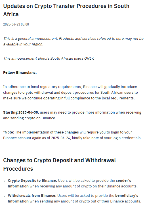 Crypto Transfers Rule Update South Africa. Source: Binance