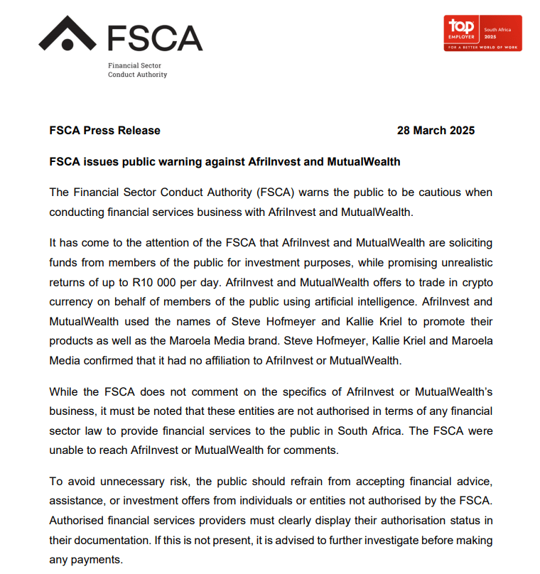 FSCA Warning Afrinvest MutualWealth. Source: FSCA