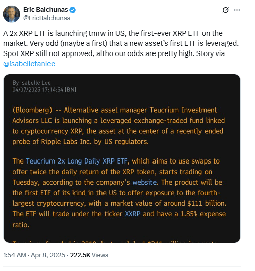 XRP ETF Launch Announcement. Source: Eric Balchunas on X