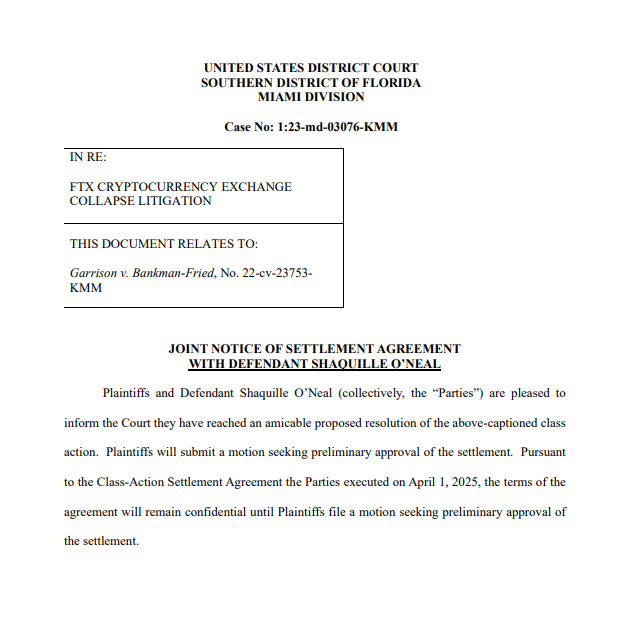 Shaquille O’Neal FTX Settlement Filing. Source: U.S. District Court Florida