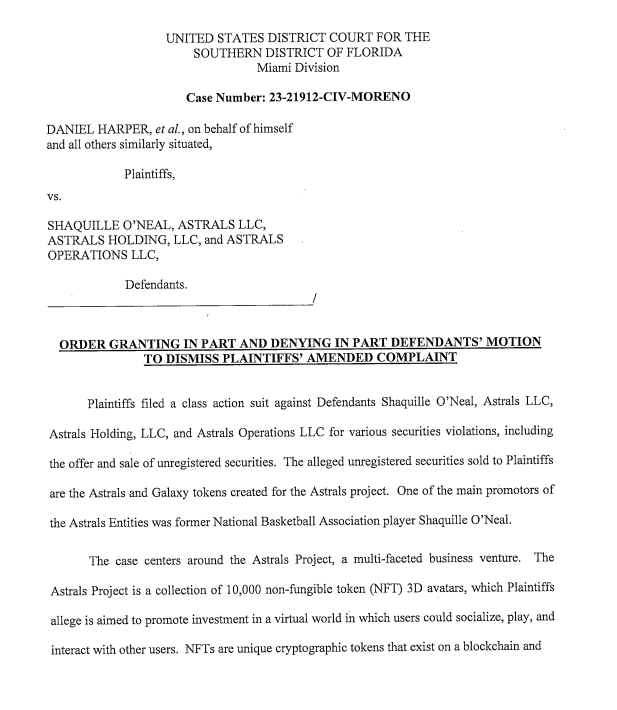Shaquille O’Neal Astrals NFT Lawsuit Ruling. Source: U.S. District Court Florida