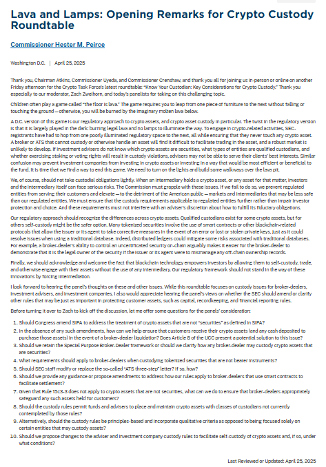 Hester Peirce Crypto Custody Roundtable. Source: SEC