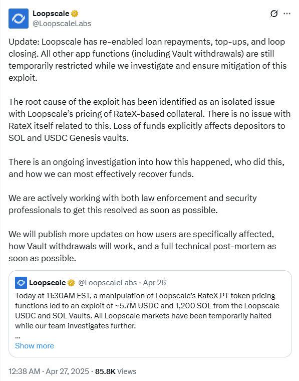 Loopscale Hack Update Loan Repayments Reopen. Source: LoopscaleLabs