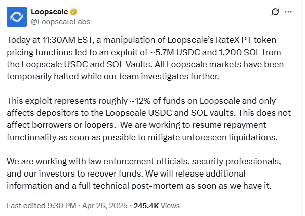 Loopscale $5.8M Exploit and Vault Impact Notice. Source: LoopscaleLabs