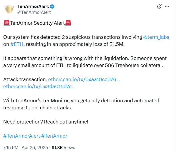 Term Finance $1.5M Loss Detected by TenArmor. Source: TenArmorAlert