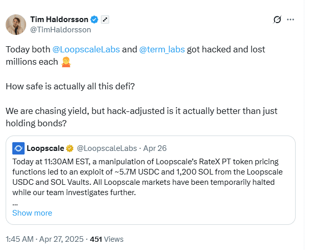 Tim Haldorsson Reacts to Loopscale and Term Finance Hacks. Source: Tim Haldorsson