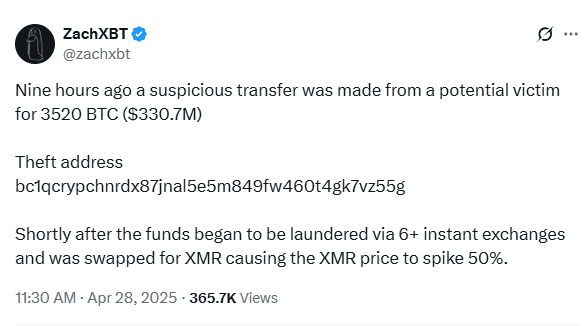 ZachXBT 3520 BTC Theft and Monero Swap. Source: X