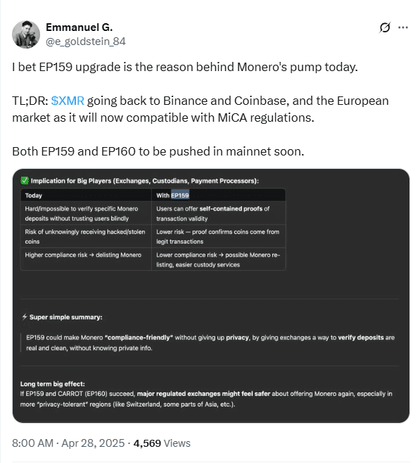 Monero EP159 EP160 Upgrade Compliance Push. Source: X