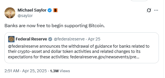 Michael Saylor Reacts to Fed Crypto Guidance. Source: Michael Saylor