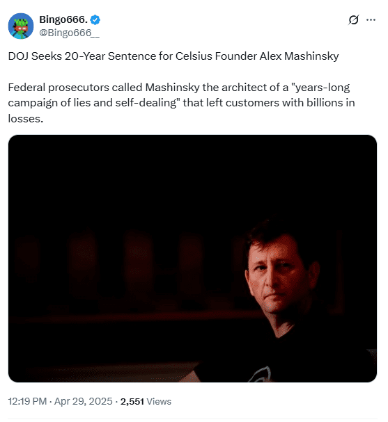 Celsius CEO Alex Mashinsky Faces DOJ Fraud Charges. Source: Bingo666 on X