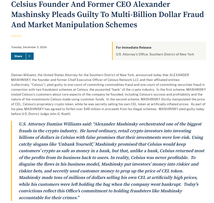 Alex Mashinsky Pleads Guilty in Celsius Fraud Case. Source: U.S. Attorney’s Office, Southern District of New York