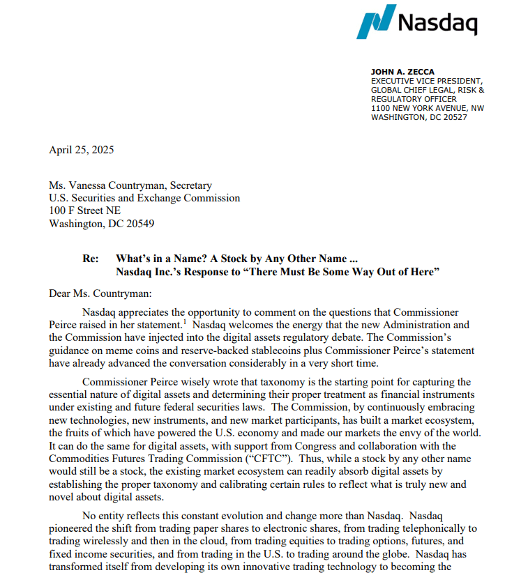 Nasdaq Letter on Digital Asset Regulation. Source: Nasdaq