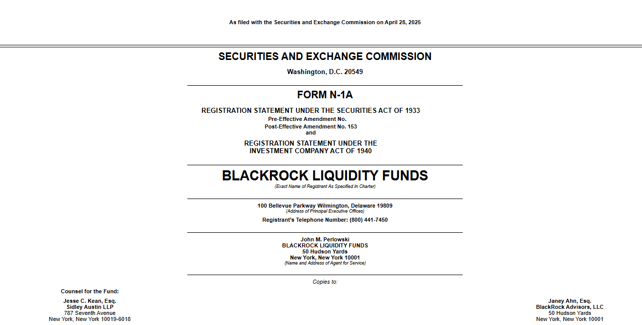 BlackRock Liquidity Funds SEC Filing. Source: U.S. SEC