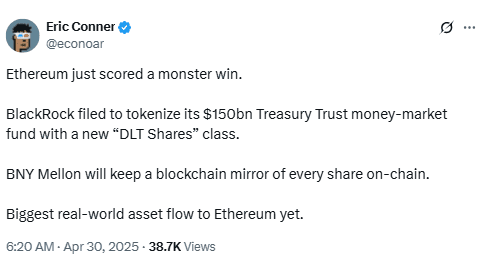 Ethereum Scores $150B Tokenization Deal. Source: Eric Conner on X