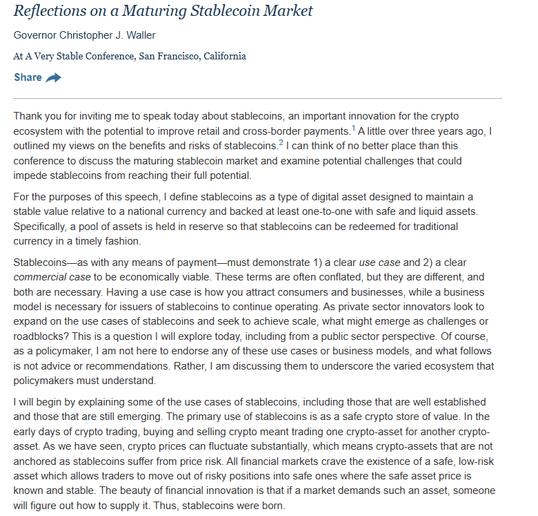 Christopher Waller on Stablecoin Challenges and Use Cases. Source: Federal Reserve