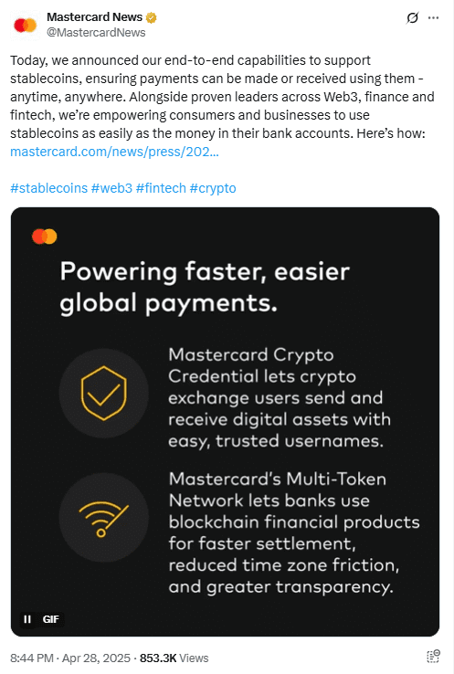 Mastercard Expands Stablecoin Payment Tools. Source: Mastercard News via X