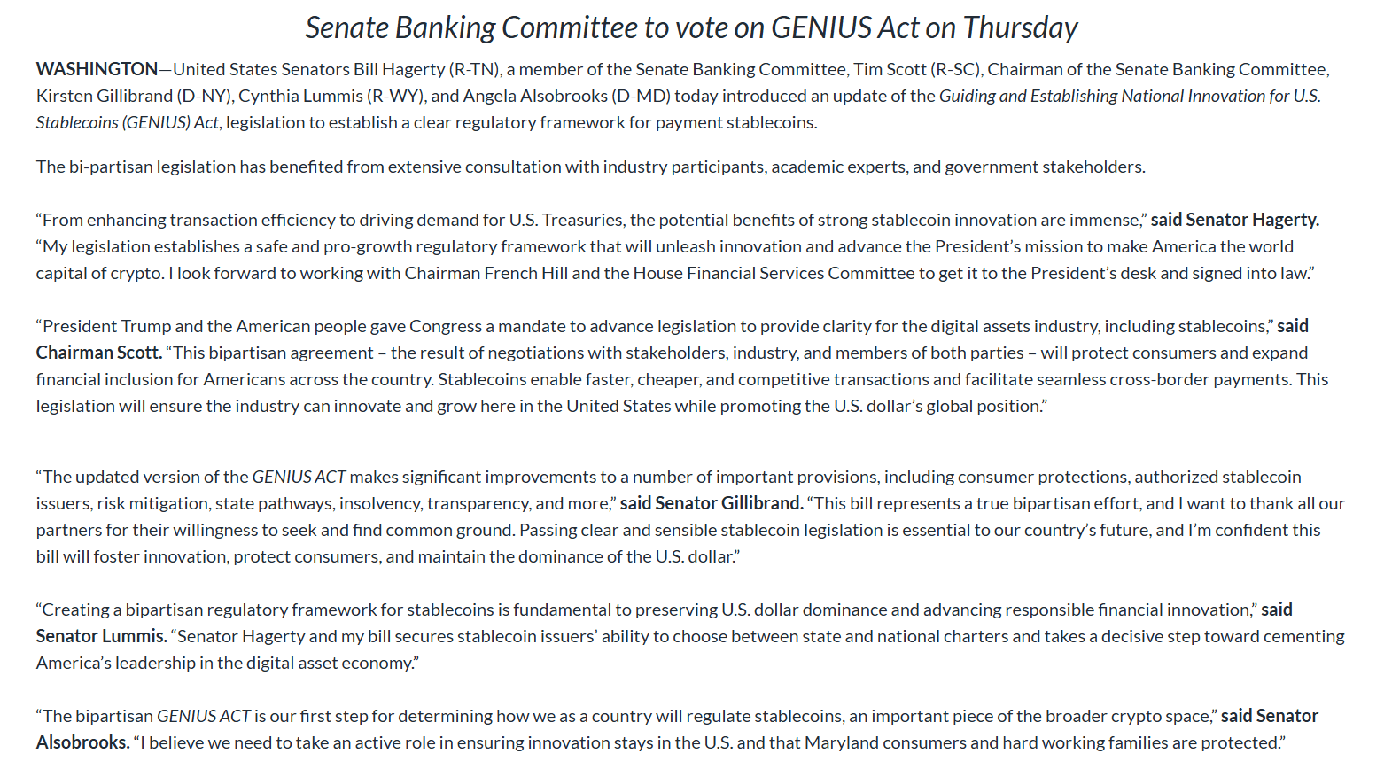 U.S. Senate Pushes GENIUS Act for Stablecoin Regulation. Source: Senate Banking Committee Release