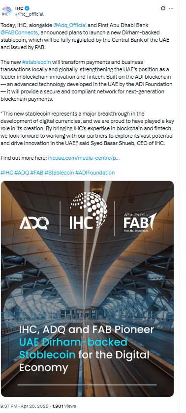 UAE Dirham Stablecoin Initiative by IHC, ADQ, and FAB. Source: IHC via X