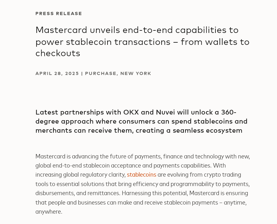 Mastercard Opens Stablecoin Payment Network